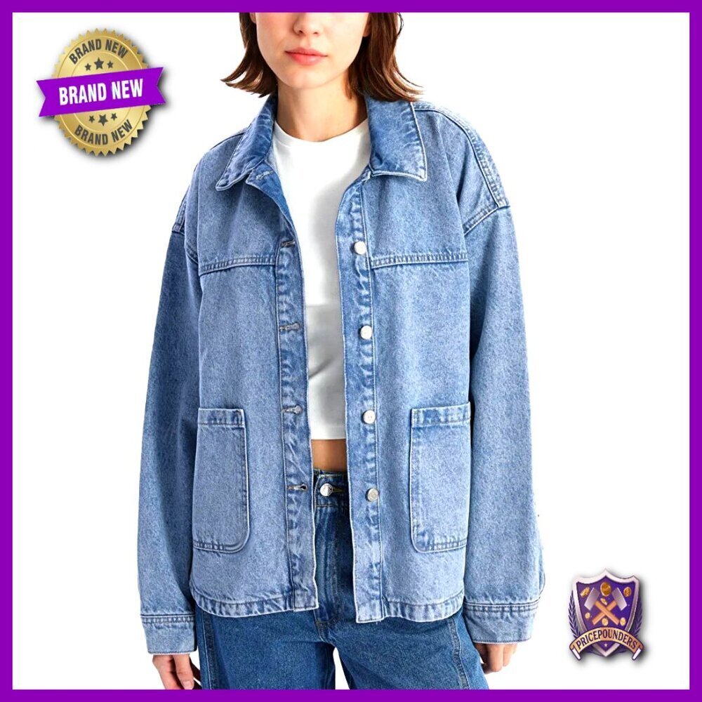 Oversized Denim Shacket Classic Retro Chic Button Up Long Sleeve Coat with